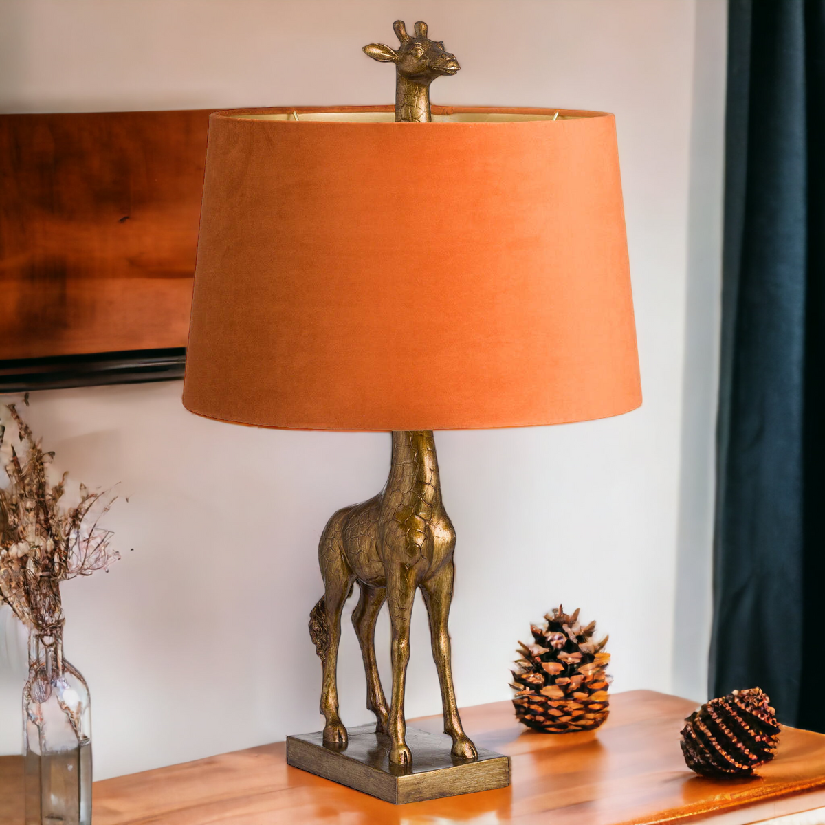 Antique Gold Giraffe Lamp With Burnt Orange Velvet Shade – Chosen By