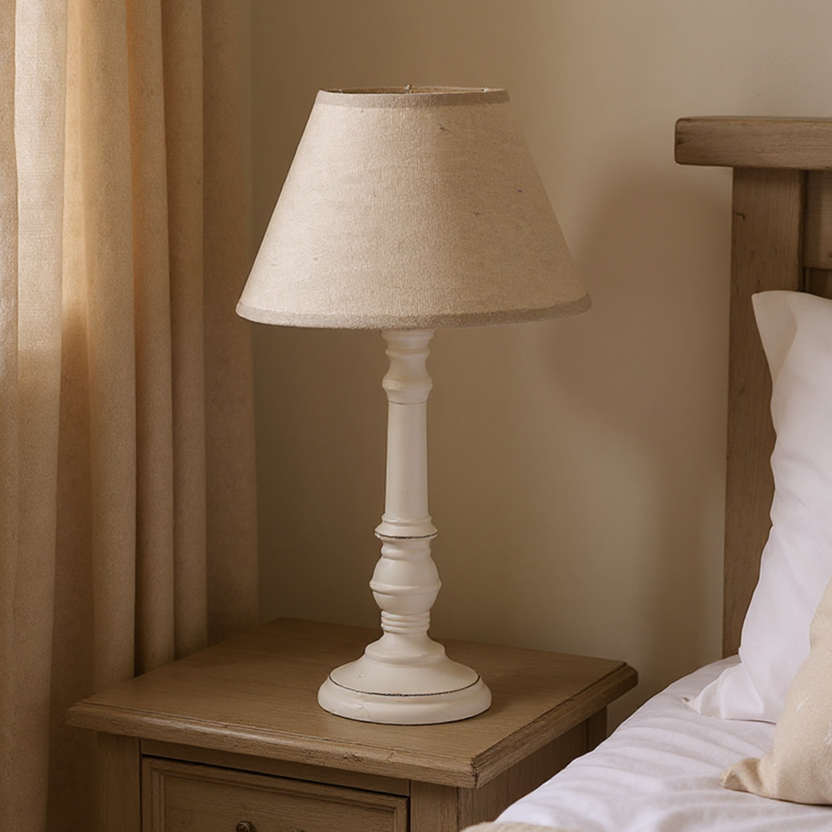 ValueLights Victoria White Wood Candlestick Table Lamp With Linen Scallop White Trim Tapered Shade