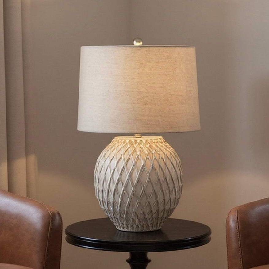 Large Lattice Ceramic Table Lamp With Linen Shade