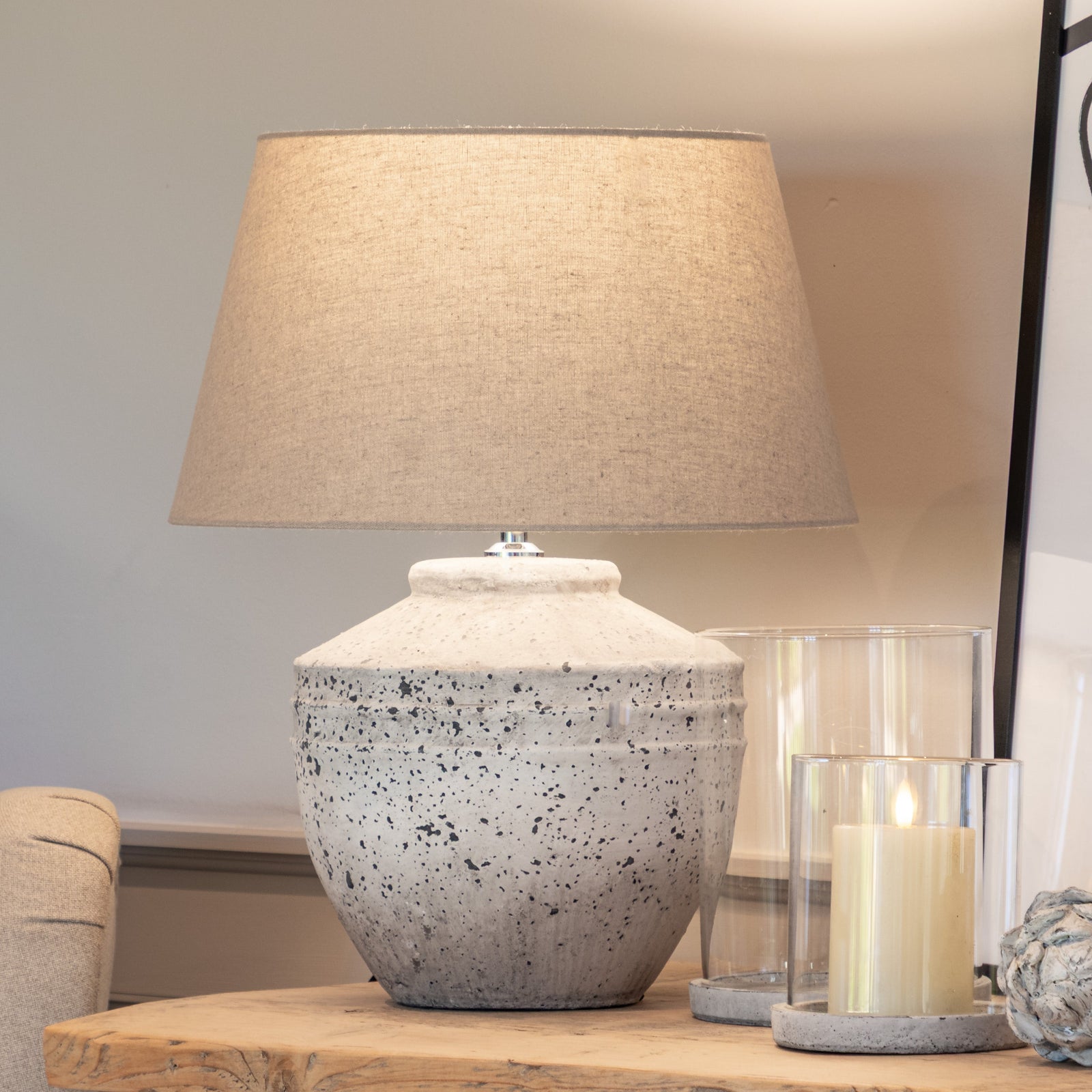 Rustic Distressed Stone Based Lamp with Taupe Shade
