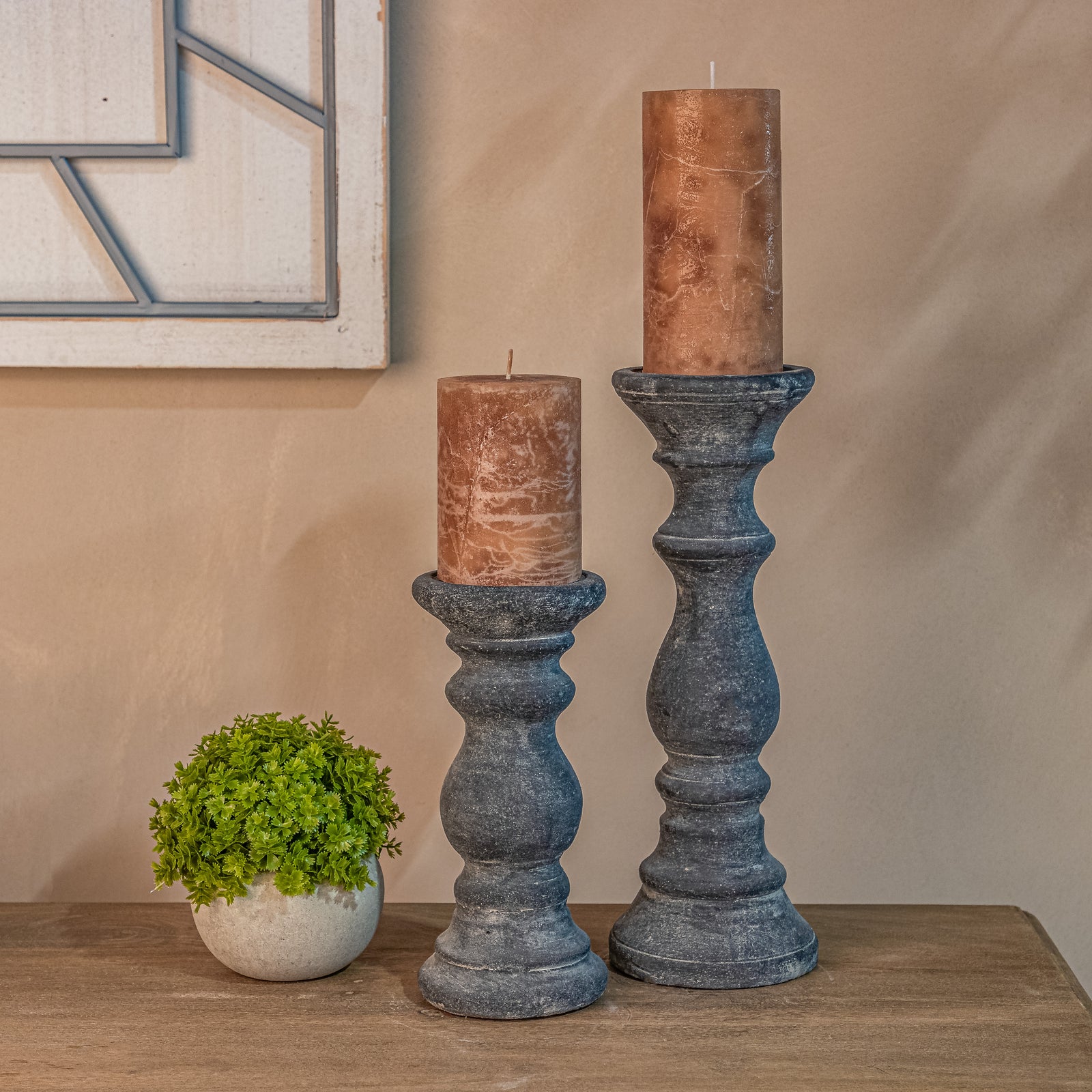 Beautifully Elegant Dark Grey Stone Pillar Candle Holder - Choice of Sizes