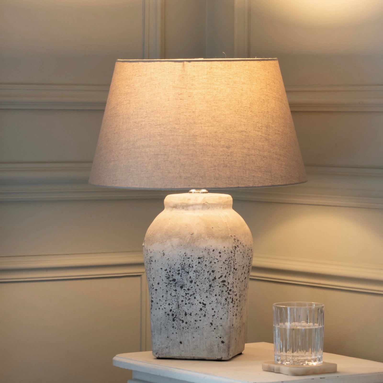Rustic Distressed Tall Stone Based Lamp with Taupe Shade