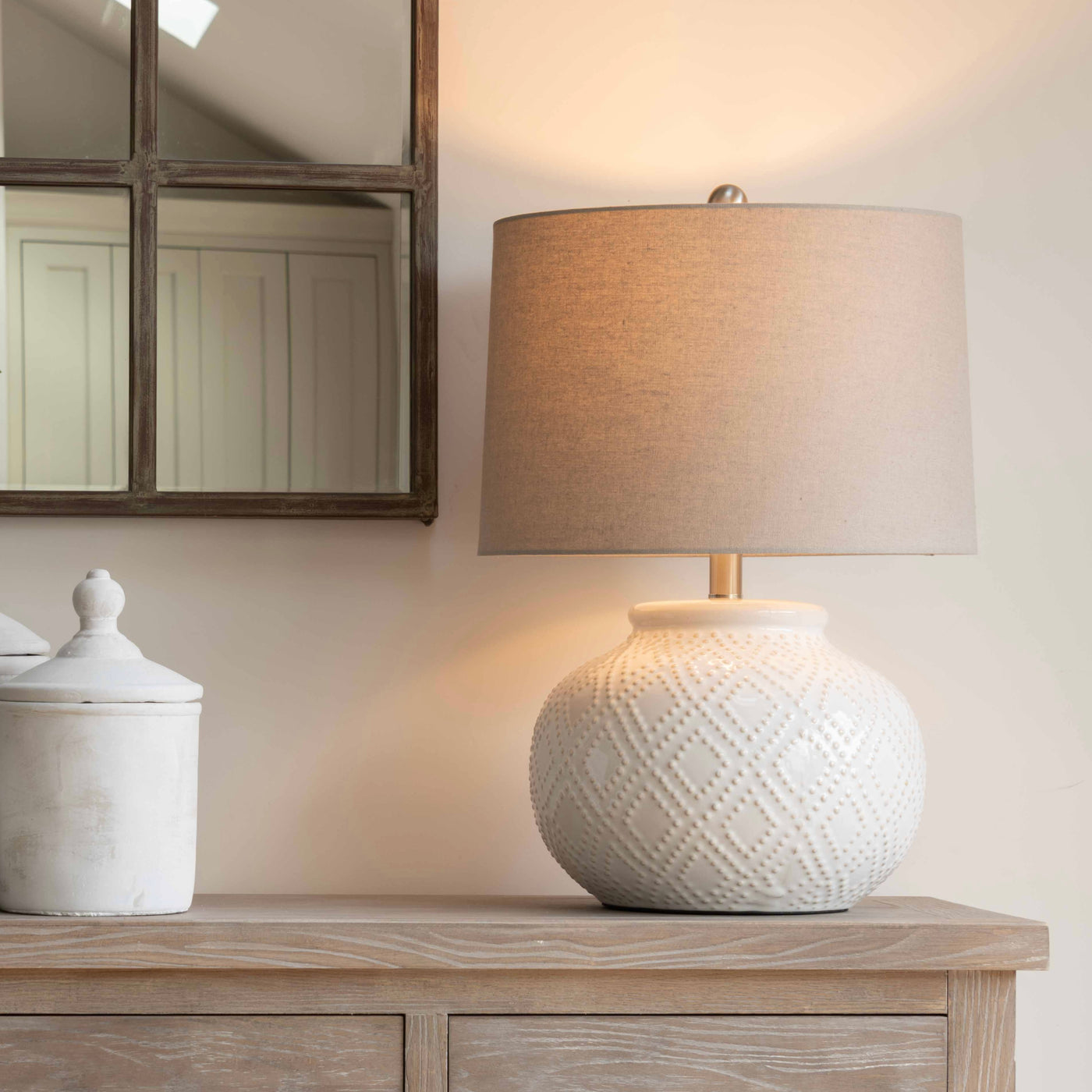 Squat White Beaded Ceramic Lamp With Linen Shade