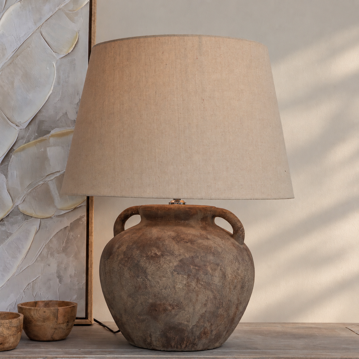 Large Weathered Brown Handled Table Lamp