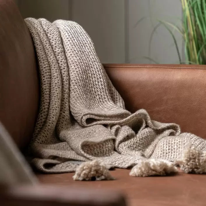 Natural Warm Kitted Tassel Throw