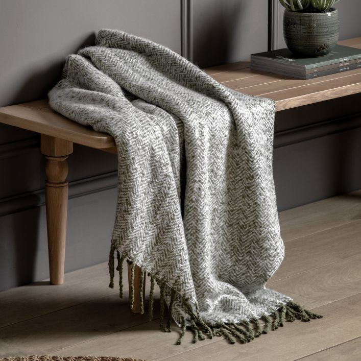 Herringbone Faux Mohair Olive Throw