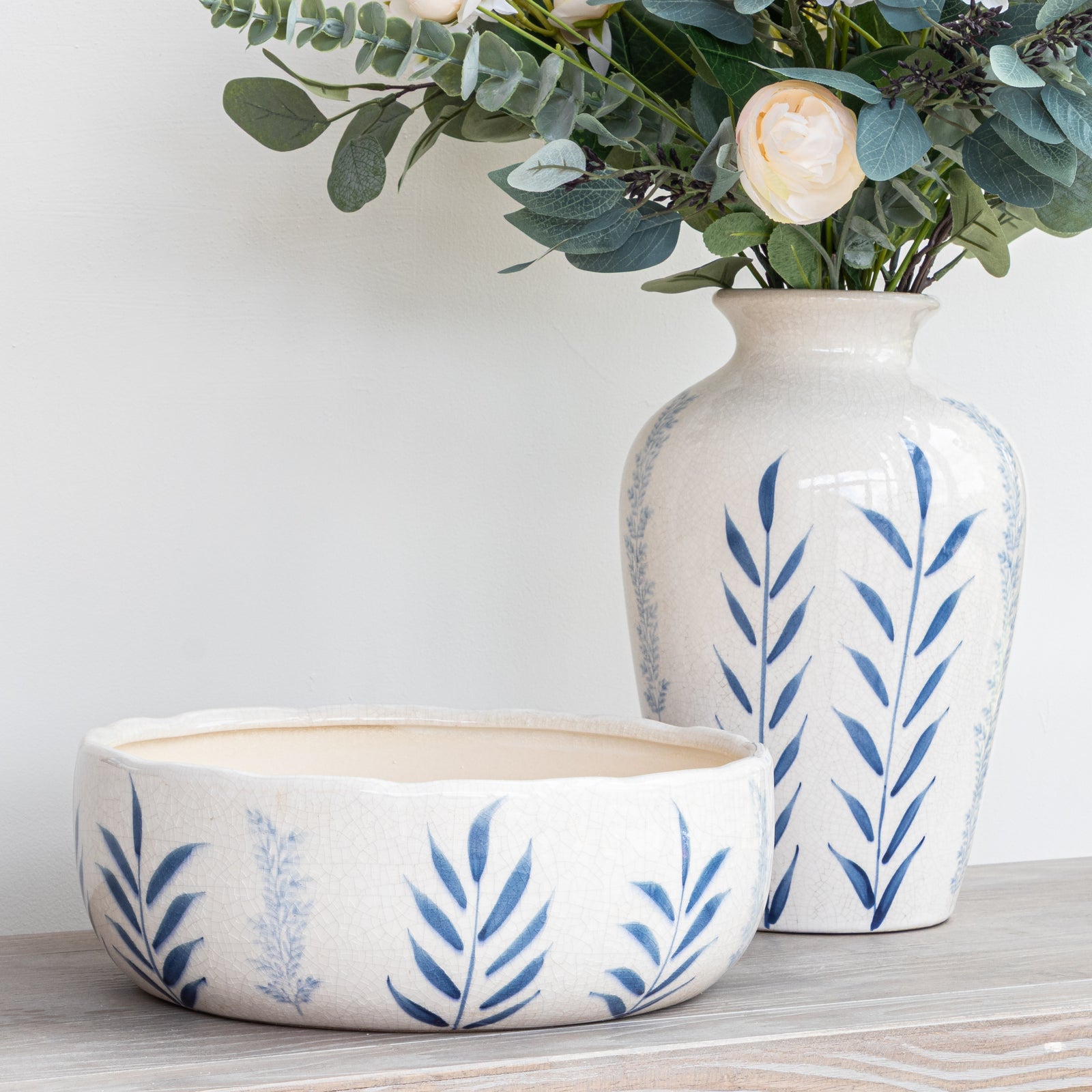 Large Blue Flora Crackle Glazed Bowl