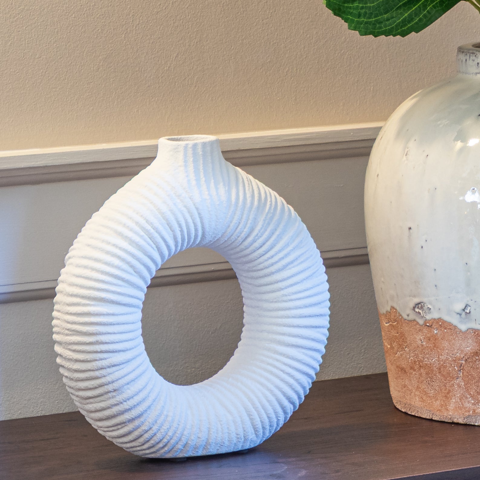 Decorative White Ribbed Round Vase