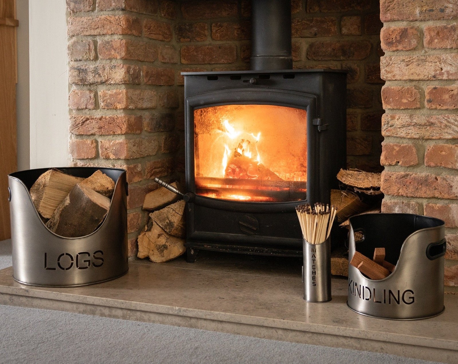 Log & Kindling Bucket Set With Match Holder In Aged Silver