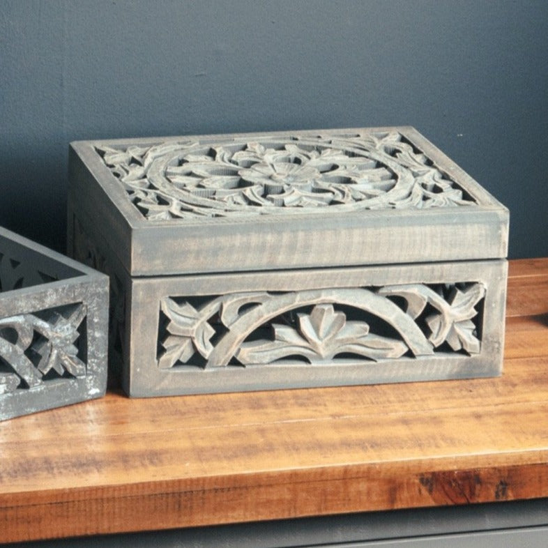 Hand Carved Grey Wash Wooden Trinket Box